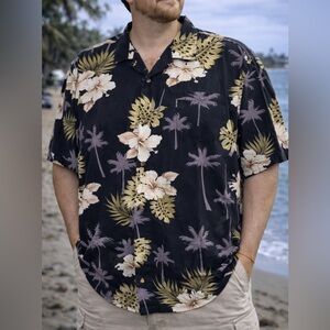 Palmwave Hawaii 2XL Hawaiian Shirt Black Hibiscus Palm Tree Floral Cotton